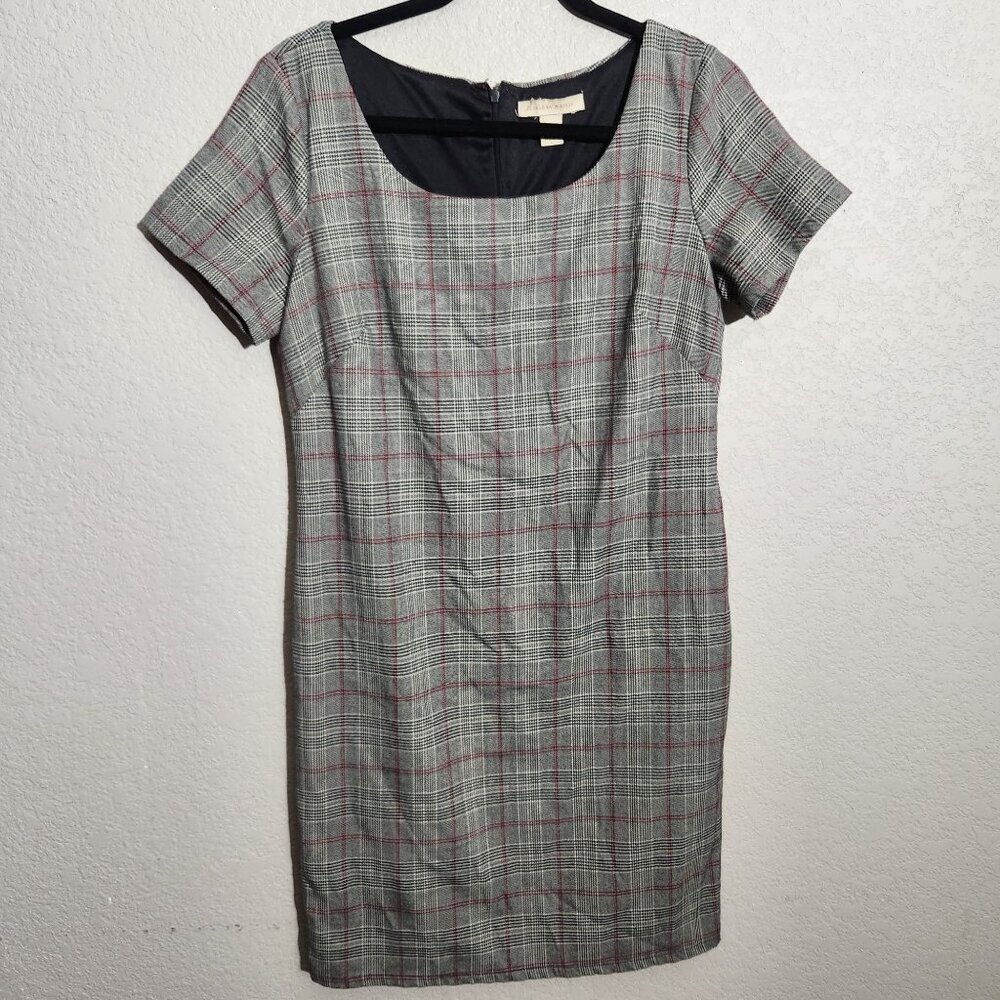 Jonathan Martin Dress Size 8 Plaid Short Sleeve Sheath Dress Gray/Red Polyester